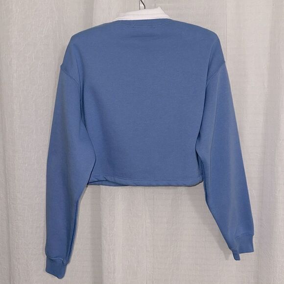 F21 S Light Blue White Collared PARIS Graphic Cropped Fleece Pullover - Picture 7 of 15